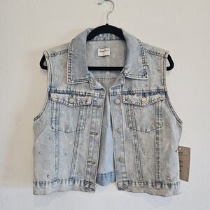 Light Blue Denim Vest with Rhinestones - Simply Blessed - Size L